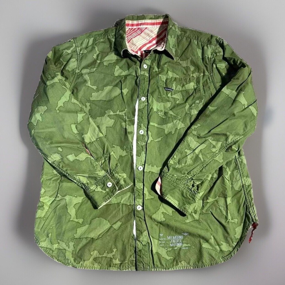Rocawear Reversible Shirt Mens XL Green Camo Red Plaid Graphic Button Down Y2K